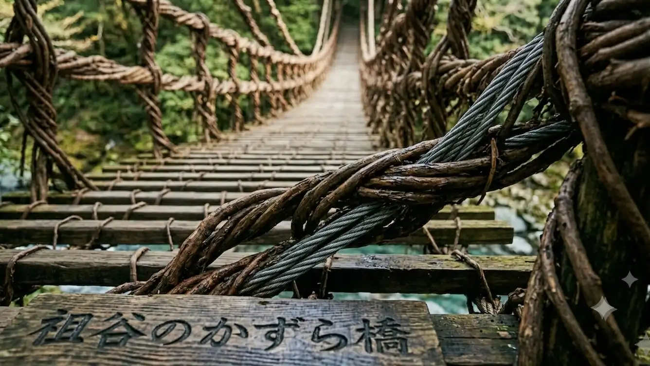 頑丈なワイヤーと橋の床板のアップ